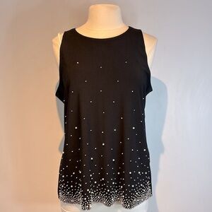 CHAUS NY BLACK EMBELLISHED SILVER & PEARL BEADED SLEEVELESS BLOUSE TOP large NWT